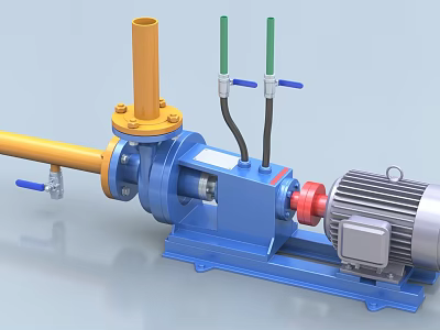 Industrial Equipment Motor Driven Pump System With Blue Base And Yellow Pipes 3d model