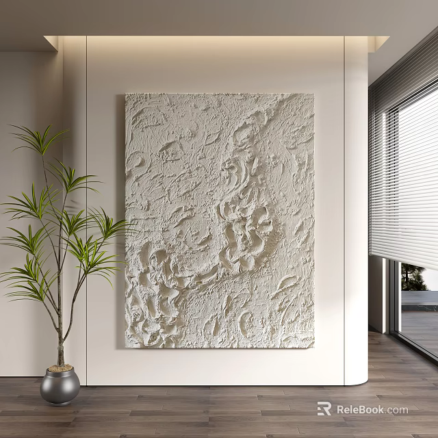White Textured Relief Wall Art Decor in Modern Interior with Potted Plant and Window 3d model 