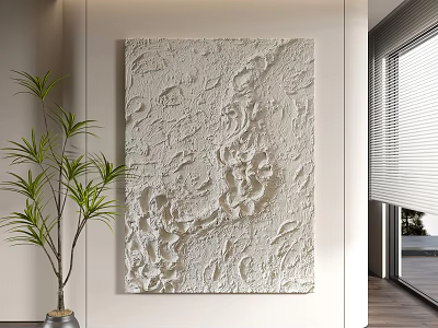 White Textured Relief Wall Art Decor in Modern Interior with Potted Plant and Window 3d model