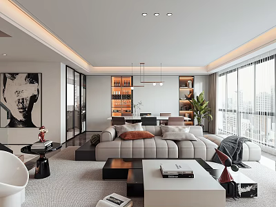 Modern Living and Dining Room With Sofa Coffee Table Floor to Ceiling Windows and Artwork 3d model