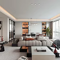 Modern Living and Dining Room With Sofa Coffee Table Floor to Ceiling Windows and Artwork