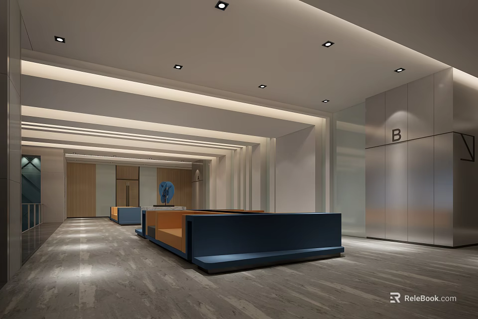 Modern Lounge Area Interior Design With Leather Sofas Reception Counter And Ceiling Lighting 3d model 