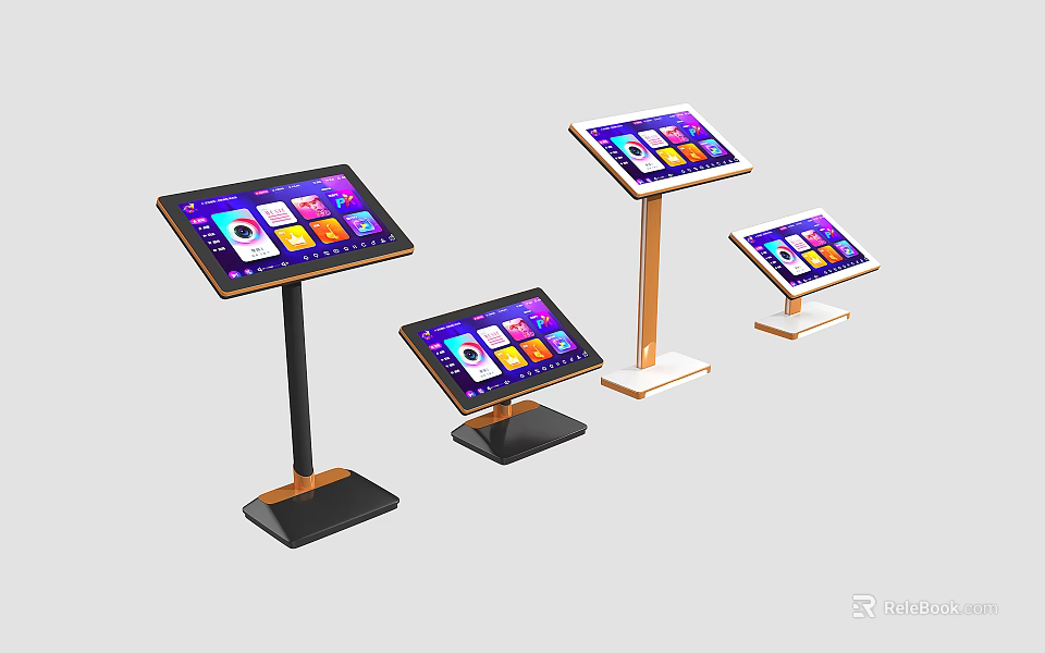 Modern Commercial Touchscreen Kiosks with Various Stand Designs and Colorful Interactive Interfaces 3d model 