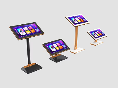 Modern Commercial Touchscreen Kiosks with Various Stand Designs and Colorful Interactive Interfaces 3d model