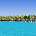 Scenic Park Landscape with Wooden Pavilion Benches and Green Lawn Under Blue Sky