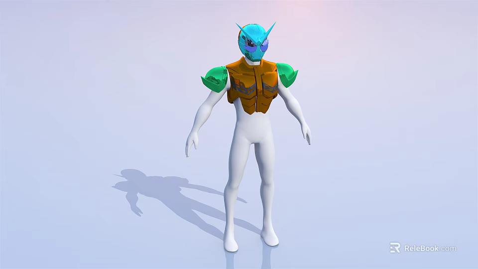 Game And Movie Character With Blue Horned Head Green Shoulder And Orange Chest Armor 3d model 