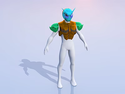 Game And Movie Character With Blue Horned Head Green Shoulder And Orange Chest Armor 3d model