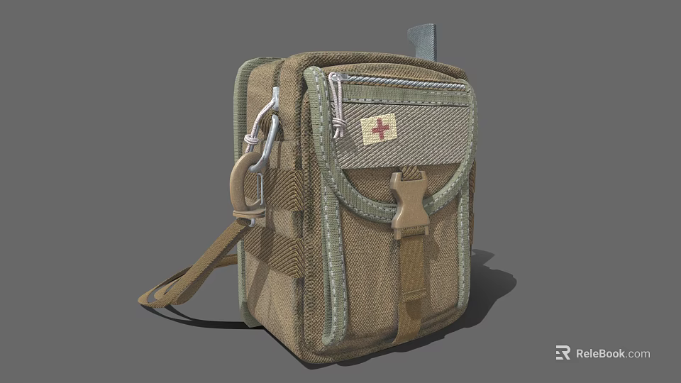 Khaki Green Medical Bag With Red Cross Symbol Zipper Buckle And Shoulder Strap 3d model 