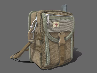 Khaki Green Medical Bag With Red Cross Symbol Zipper Buckle And Shoulder Strap 3d model