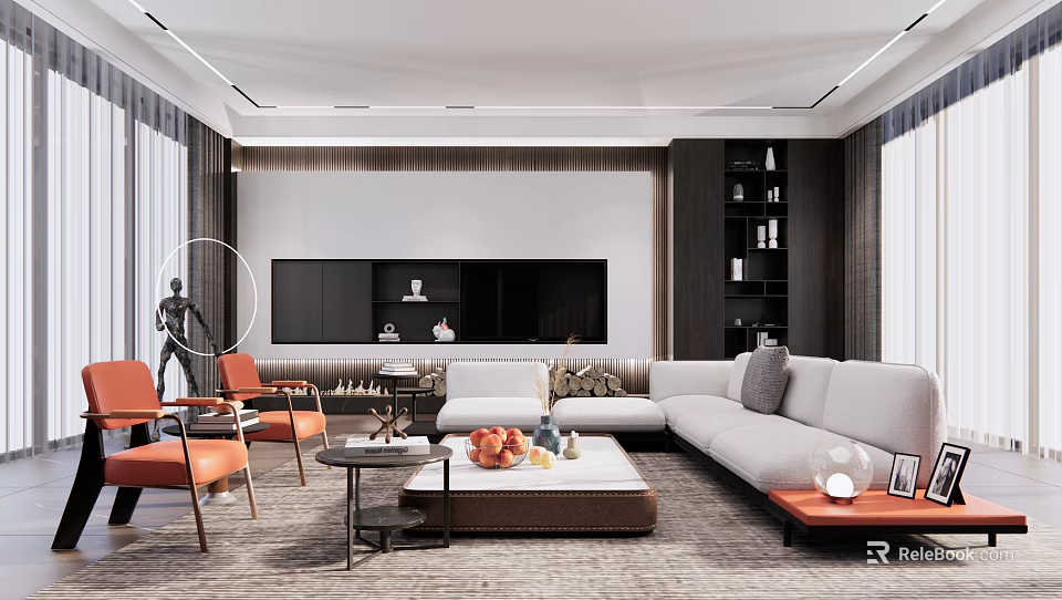 Modern Living Room With Sofa Orange Chairs TV Cabinet And Bookshelf 3d model 