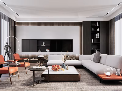 Modern Living Room With Sofa Orange Chairs TV Cabinet And Bookshelf 3d model