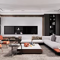 Modern Living Room With Sofa Orange Chairs TV Cabinet And Bookshelf