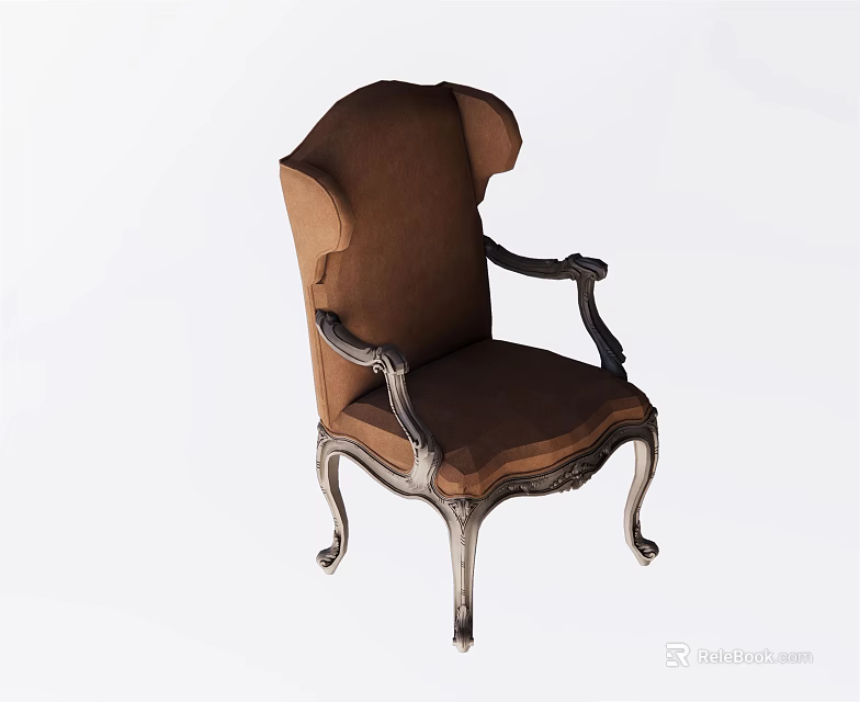 Classic Brown Velvet Accent Chair With Ornate Armrests And Carved Legs 3d model 