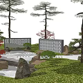 Traditional Karesansui Japanese Rock Garden with Raked Sand Stones Pine Trees and Green Foliage