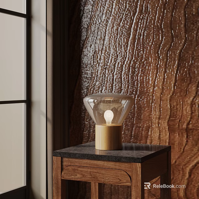 Modern Glass Table Lamp With Wooden Base On Marble Top Nightstand 3d model 