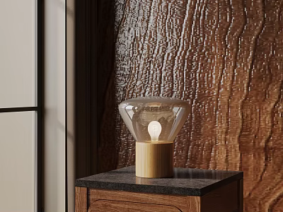 Modern Glass Table Lamp With Wooden Base On Marble Top Nightstand 3d model