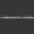 Playful Cartoon Scene Featuring Blue Water Round Islands Green Grass And Decorative Structures