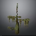 Artistic Green Plant Sculpture With Twisted Trunk And Yellow Dangling Flowers