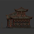 Cartoon Style Chinese Traditional Building Scene With Red Curved Eaves Tiled Roof And Front Plaque