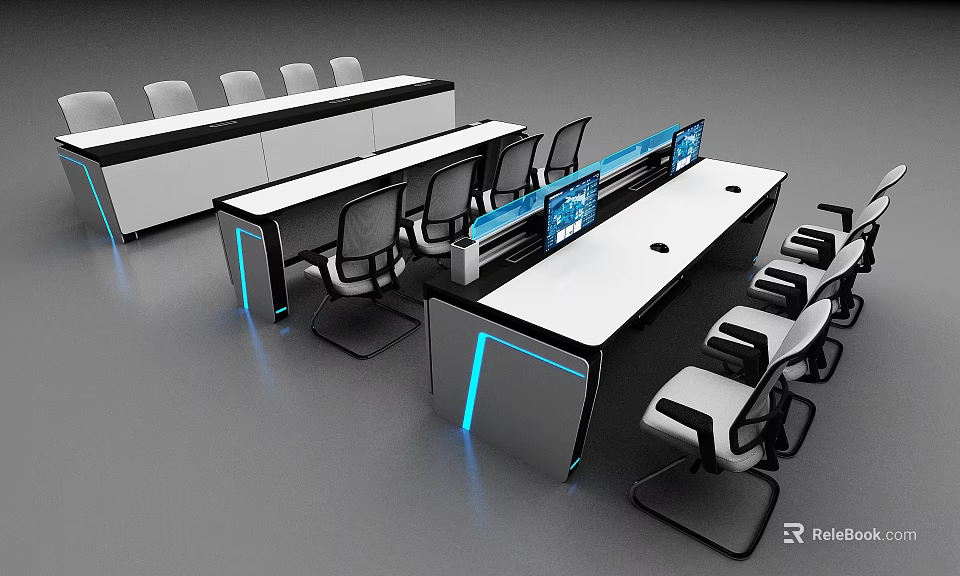Modern Office Desk And Chair Set With White Tabletop Black Frame And Blue LED Lights 3d model 