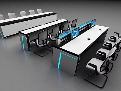 Modern Office Desk And Chair Set With White Tabletop Black Frame And Blue LED Lights 3d model