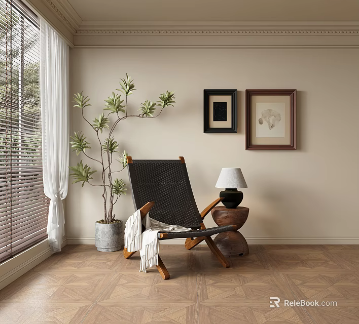 Leisure Chair by Window with Blinds Curtains Green Plant Framed Pictures Table Lamp Wooden Floor 3d model 