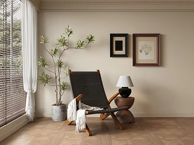 Leisure Chair by Window with Blinds Curtains Green Plant Framed Pictures Table Lamp Wooden Floor 3d model