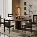 Walnut Round Dining Table Set With Four Chairs On Beige Rug And Floor Lamp