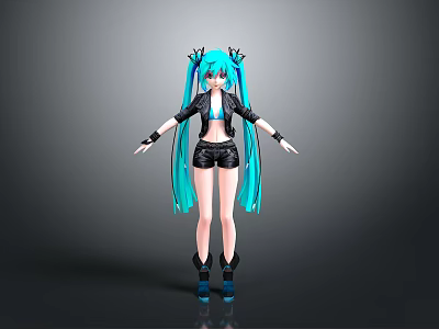 Anime Character Design With Turquoise Long Twin Ponytails Black Leather Jacket And Shorts 3d model