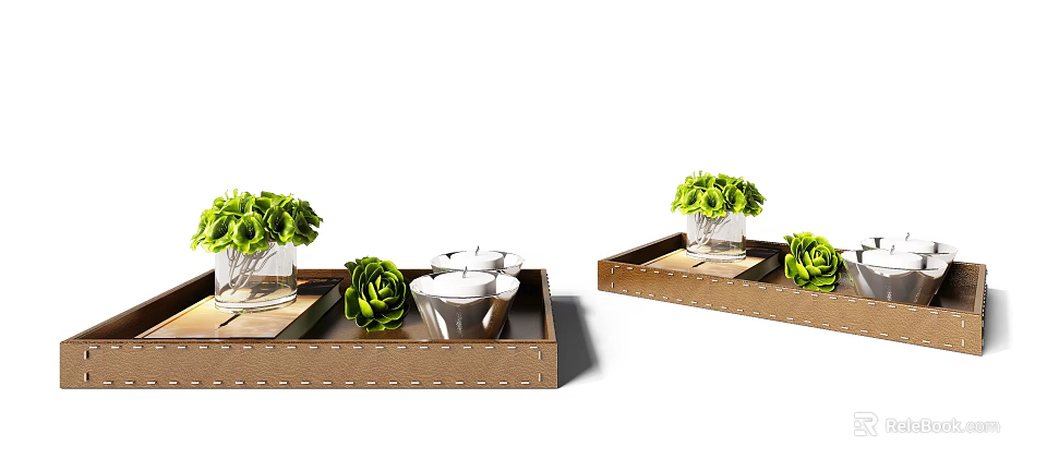 Decorative Ornament Sets With Wooden Trays Green Plants Glass Vases And Silver Containers 3d model 