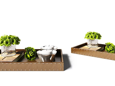 Decorative Ornament Sets With Wooden Trays Green Plants Glass Vases And Silver Containers 3d model