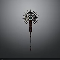 Mystical Staff Weapon Featuring Sunburst Design Central Eye Red Gold Accents and Intricate Carvings