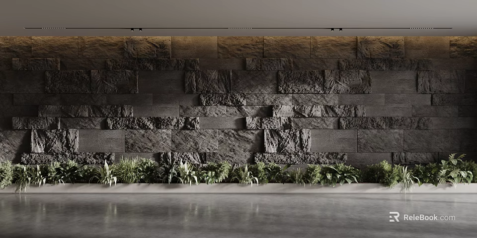 Modern Textured Stone Background Wall With Green Plants At Bottom 3d model 