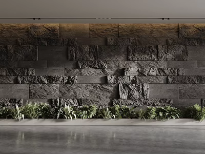 Modern Textured Stone Background Wall With Green Plants At Bottom 3d model