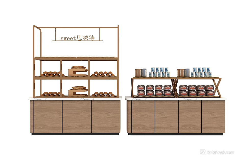Modern Wooden Display Shelves With Bread Pastries Canned Drinks Bottled Goods And Storage Cabinets 3d model 