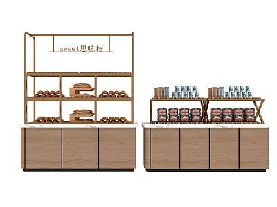 Modern Wooden Display Shelves With Bread Pastries Canned Drinks Bottled Goods And Storage Cabinets 3d model