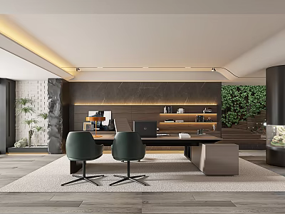 Modern Study Room Interior With Green Chairs Desk And Bookshelves 3d model