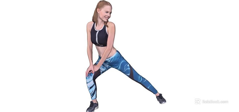 Woman Performing Stretching Exercise In Black Sports Bra And Blue Printed Leggings For Fitness Training 3d model 
