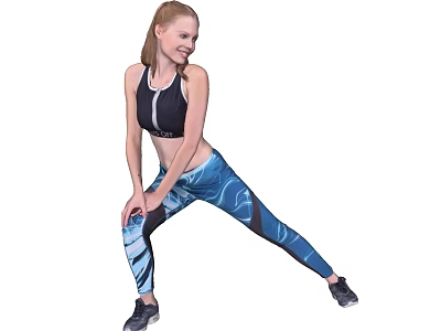 Woman Performing Stretching Exercise In Black Sports Bra And Blue Printed Leggings For Fitness Training 3d model
