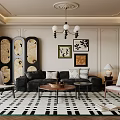 Elegant Living Dining Room Interior With Black Sofa Armchairs Coffee Table Chandelier And Geometric Rug