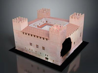 Pink Castle Model With Square Structure Red Roof And Inner Courtyards 3d model