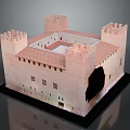 Pink Castle Model With Square Structure Red Roof And Inner Courtyards 3d model