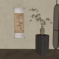 Traditional Chinese Vase with Bamboo on Dark Wooden Stand and Scroll Painting