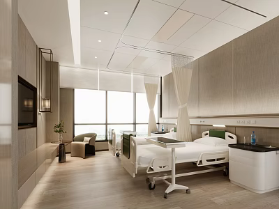 Modern Hospital Outpatient Ward Interior With Comfortable Beds Large Windows TV And Wooden Flooring 3d model