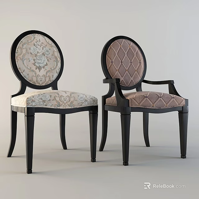 Elegant Accent Chairs with Floral and Diamond Pattern Upholstered Seats and Black Wooden Frames 3d model 