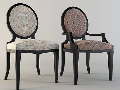 Elegant Accent Chairs with Floral and Diamond Pattern Upholstered Seats and Black Wooden Frames 3d model