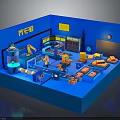 Blue Industrial Machinery Equipment 3D Model Scene With Robotic Arm Pipes And Tools