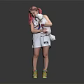 Woman With Pink Hair Holding White Stuffed Toy In White Dress And Colorful Sneakers