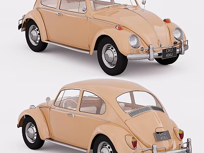 Two Vintage Beige Classic Beetle Car Models Shown From Different Angles 3d model