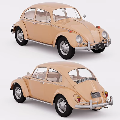 Two Vintage Beige Classic Beetle Car Models Shown From Different Angles 3d model
